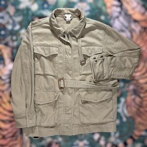 J Crew Military Field Jacket Chore Coat Full Zip Belt Utility Pockets Green XL